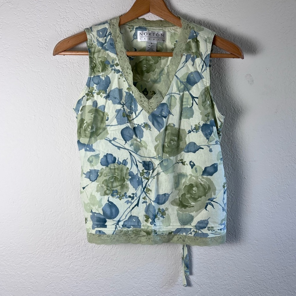 Vintage Norton Studio Mint Floral Sleeveless Lace Tie Back Tank Top